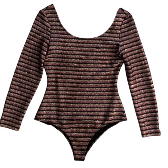 Sezane Shimmer Striped Long Sleeve Bodysuit Scoop Neck and Back - Picture 5 of 11